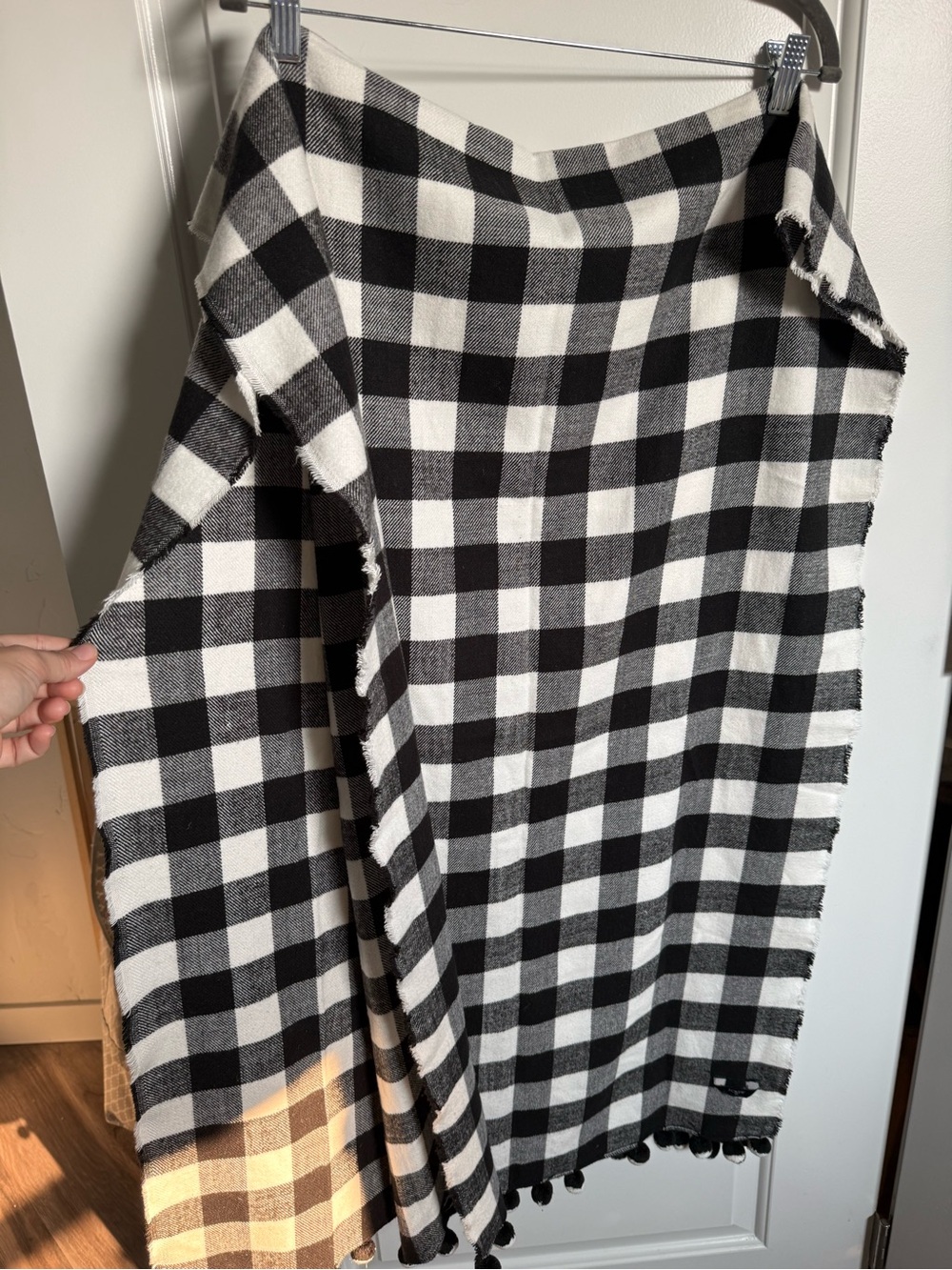 J. Crew Black and White Buffalo Check Pom Pom Scarf | Blanket Scarf
